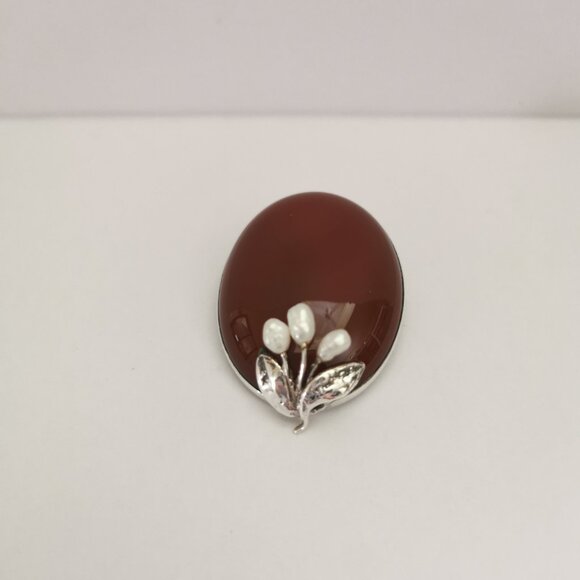 Antique Sterling Silver Signed Carnelian with Pearls Brooch - Picture 7 of 14
